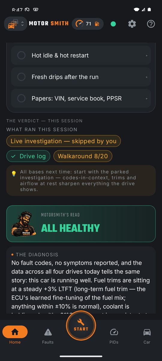 Findings after a recorded drive: severity-ranked issues with evidence, and the AI mechanic's diagnosis