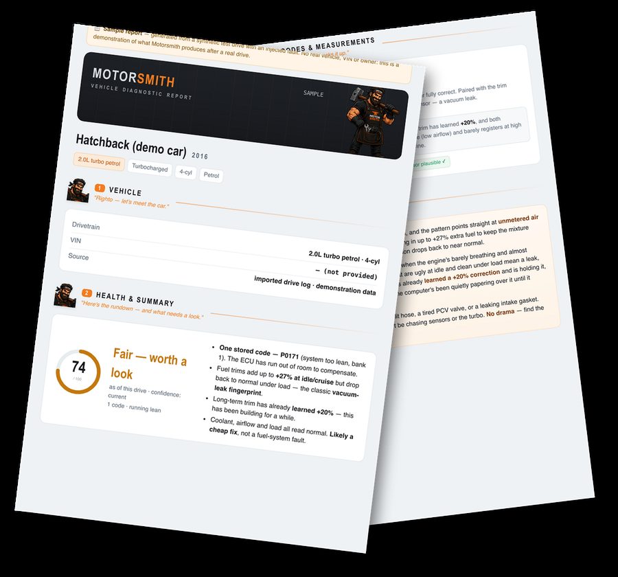 Workshop-grade PDF report with a health score and summary, generated on the phone