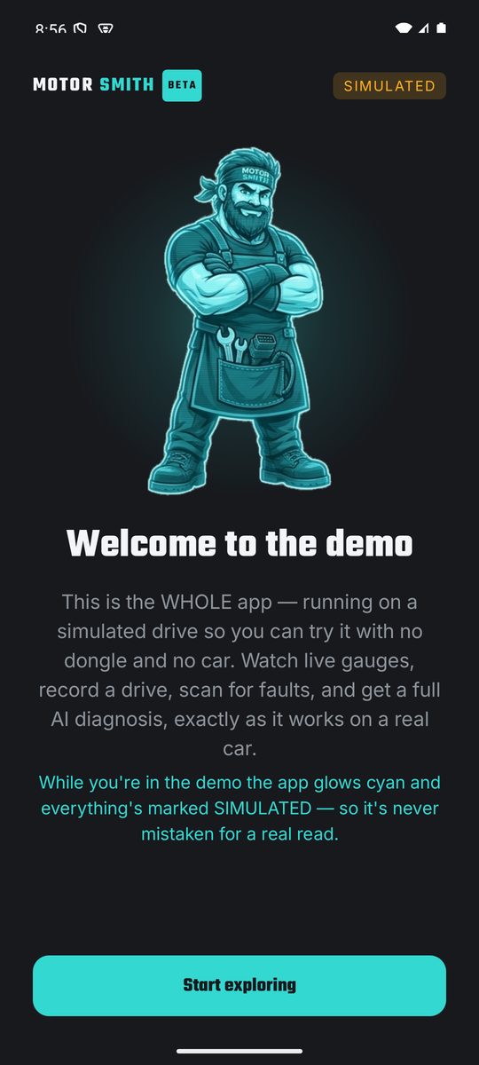 Demo mode welcome: the whole app on a simulated car, watermarked SIMULATED