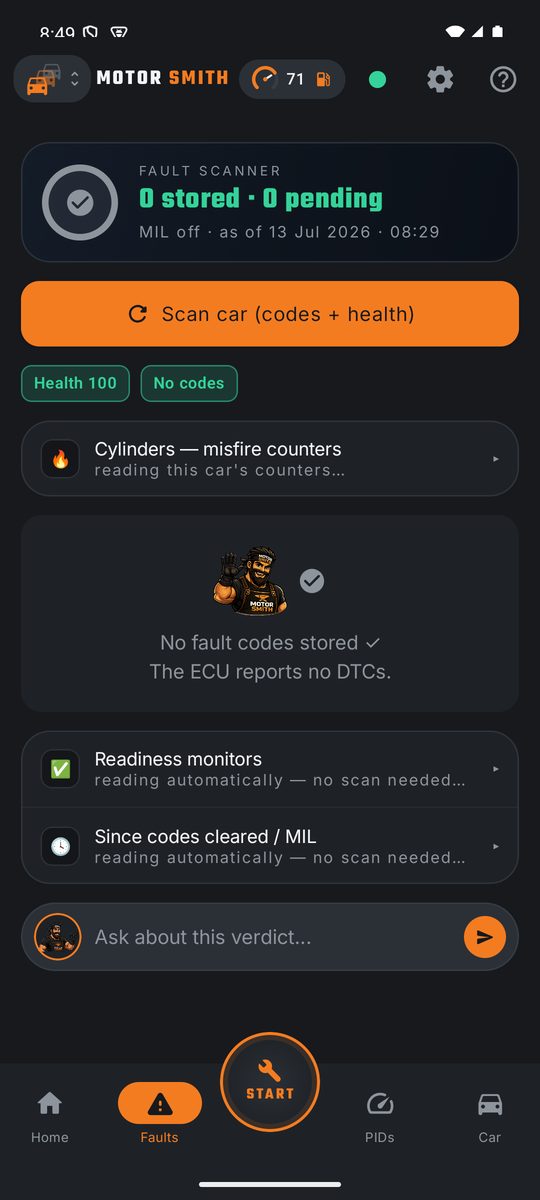 Fault scanner: stored and pending codes, readiness monitors, per-cylinder misfire counters