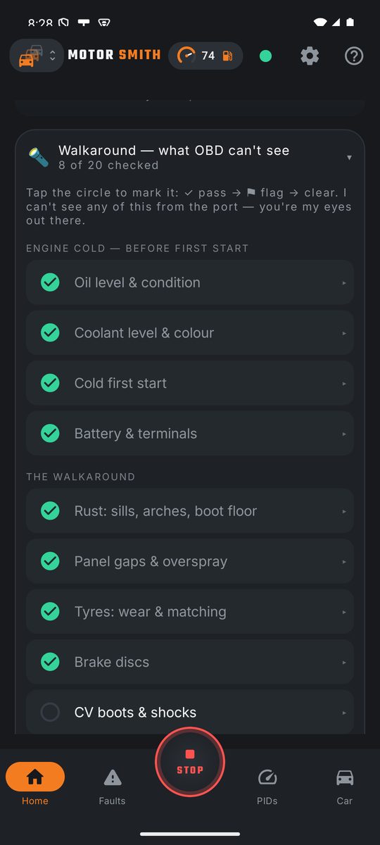 Pre-purchase walkaround checklist: oil, coolant, cold start, rust, tyres, CV boots
