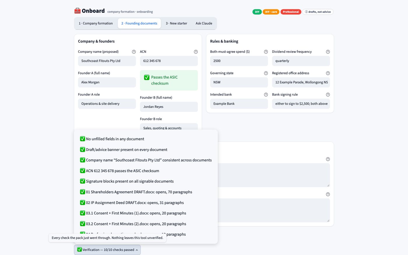 Onboard company formation: company and founders, rules and banking, and a verification panel showing 10 of 10 checks passed across the generated documents