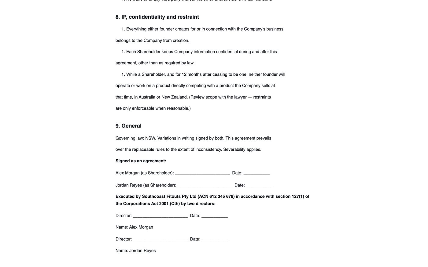 Generated shareholders agreement: IP, confidentiality and restraint clauses, then signature lines and an execution block under section 127(1) of the Corporations Act for two directors