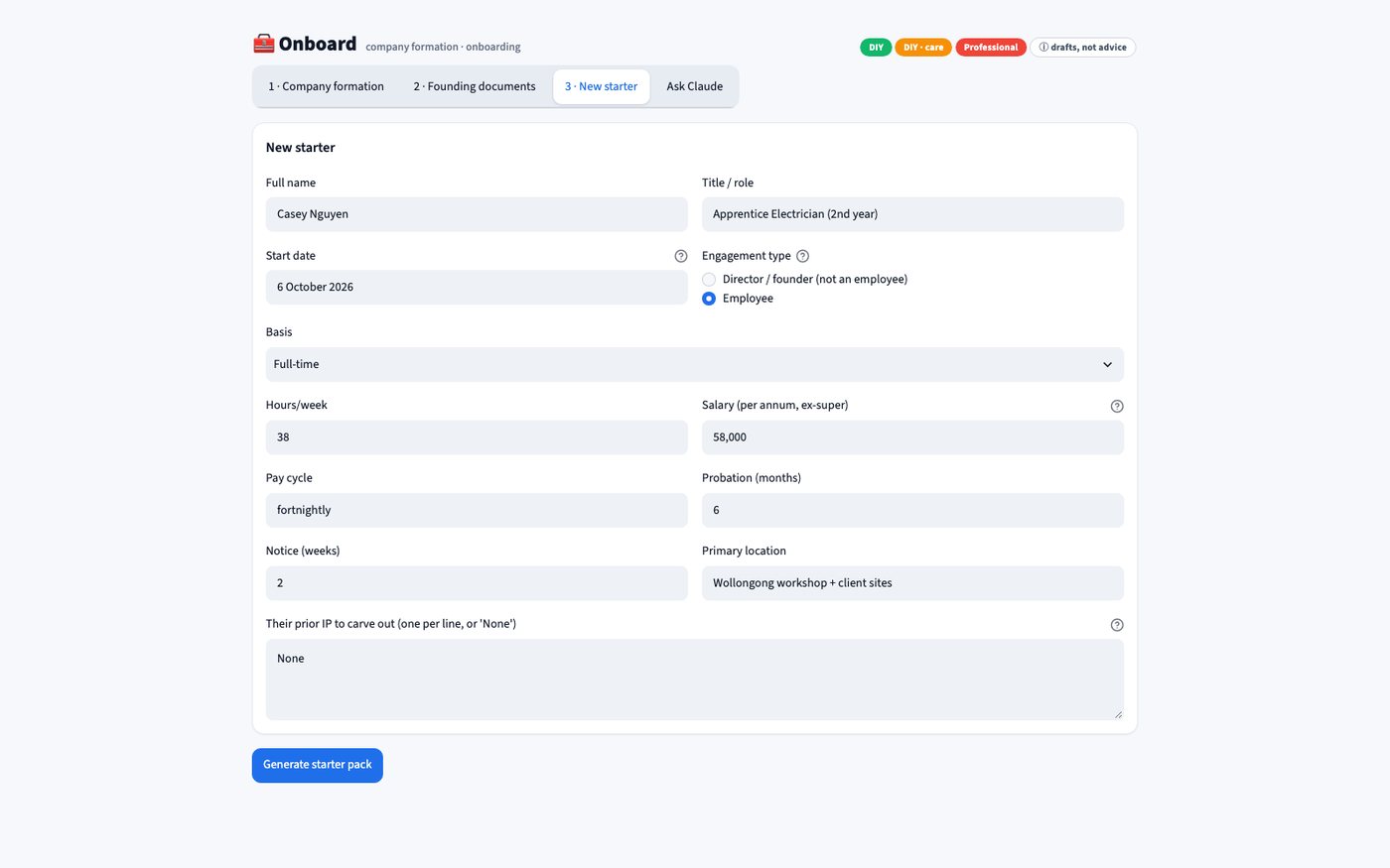New starter tab: name, title, start date, engagement type, basis, hours, salary, pay cycle, probation, notice, location and prior IP, with a Generate starter pack button