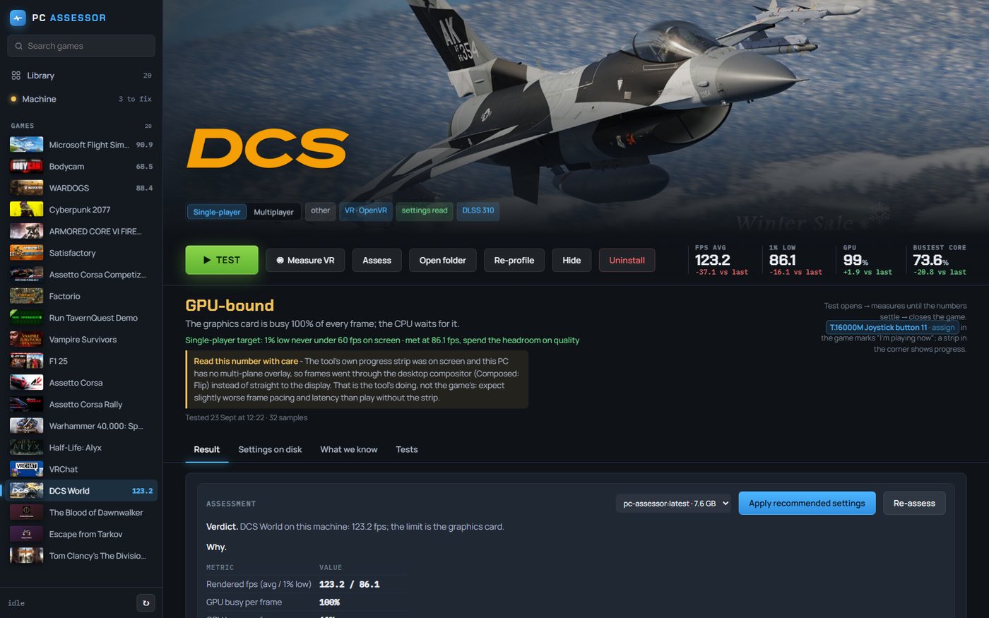 PC Assessor on Windows: DCS World page with the Test button, measured fps and a GPU-bound verdict