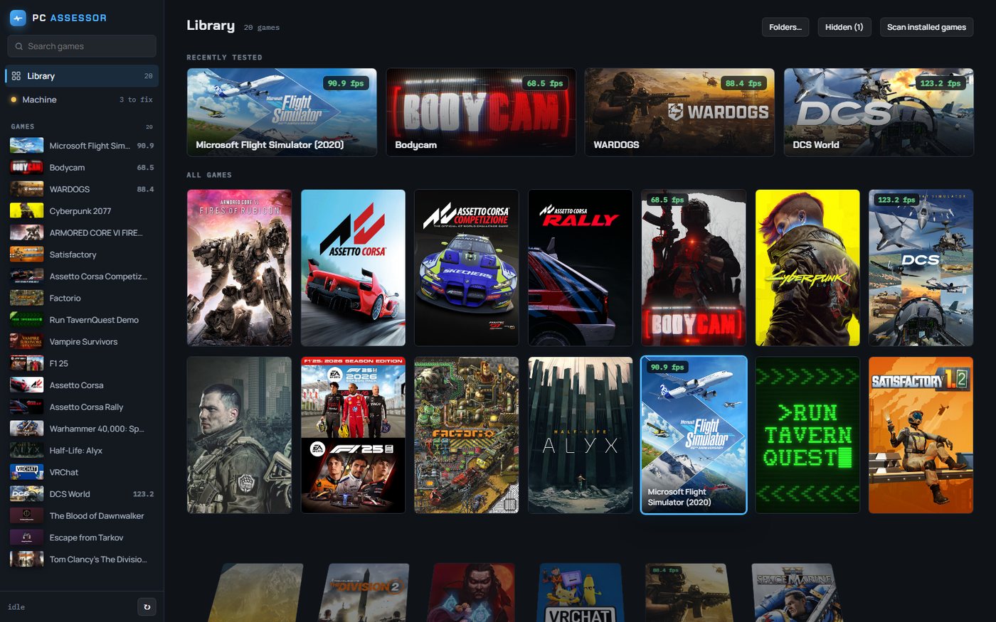 PC Assessor library: 21 installed games with Steam artwork, recently tested games showing their measured fps