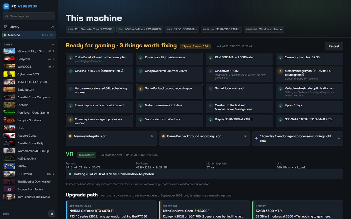 This machine: CPU, GPU, RAM and display summary, a grid of pass and warn checks, three things worth fixing, VR headset results and an upgrade path