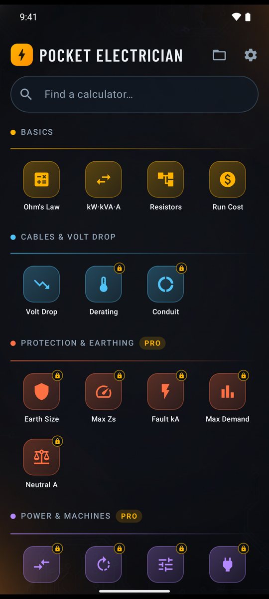 Pocket Electrician home: calculators grouped into Basics, Cables and volt drop, Protection and earthing, Power and machines, with Pro groups marked
