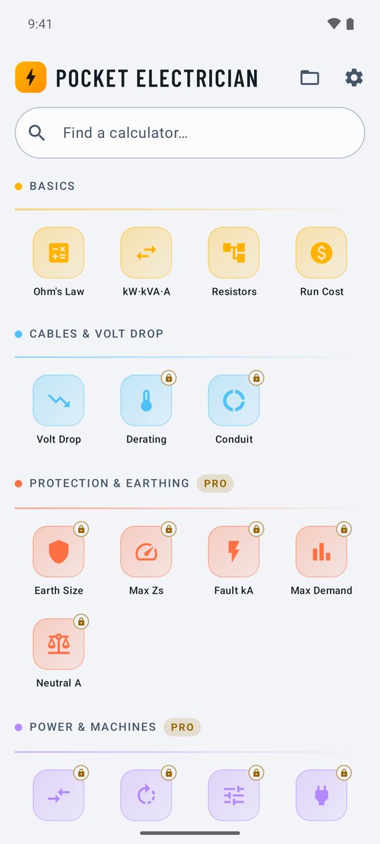 Pocket Electrician in Sunlight mode: the same home screen in a high-contrast light theme