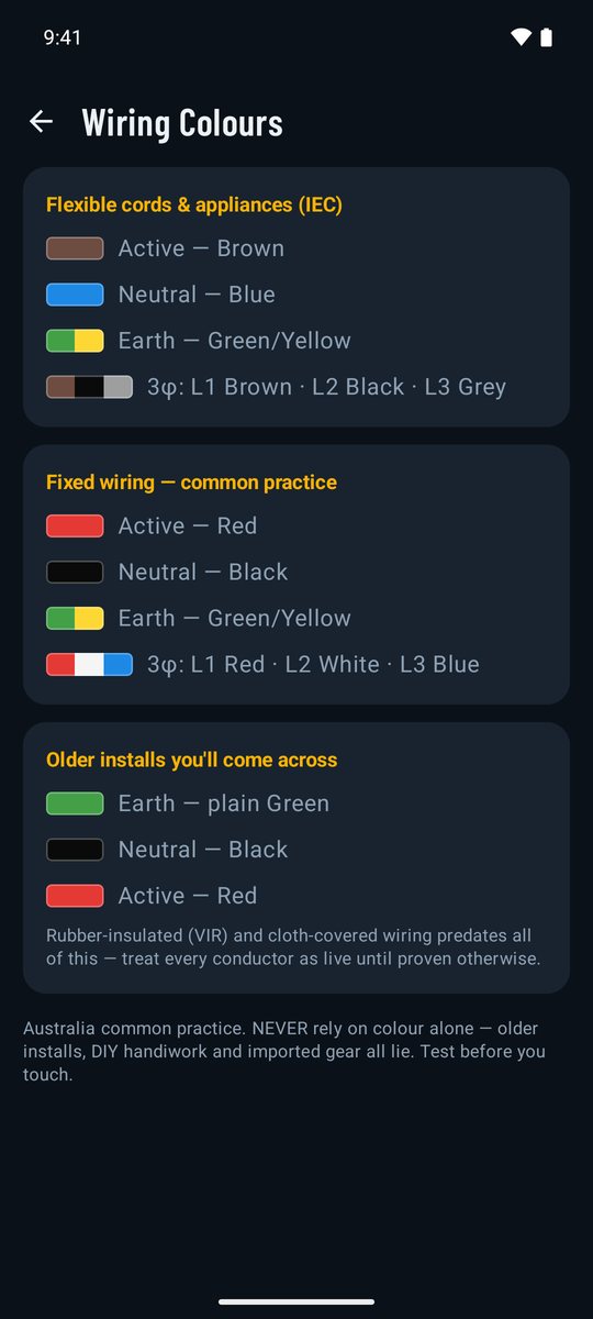 Wiring colours reference: flexible cords to IEC, fixed wiring common practice, and older installs, with a warning never to rely on colour alone